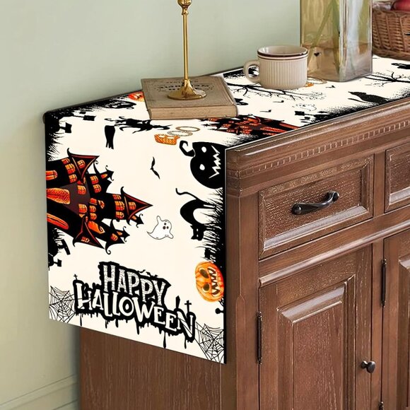 Halloween Haunted House Table Runner 13x72" Burlap Dining Table Décor with Ghost - Picture 2 of 5